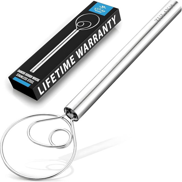 Zulay Kitchen 13-Inch Danish Dough Whisk - Stainless Steel Danish Whisk for Cooking with Dough Hook - Traditional Dutch Whisk - Bread Whisk for Sourdough, Pizza, Pastry, Cake Batter - Stainless Steel