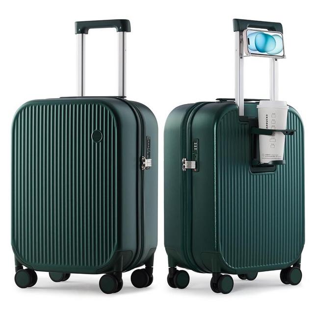 mixi Carry On Luggage with Cup Phone Holder Hard Shell Rolling Travel Suitcases with Spinner Wheels,20 Inch Blackish Green