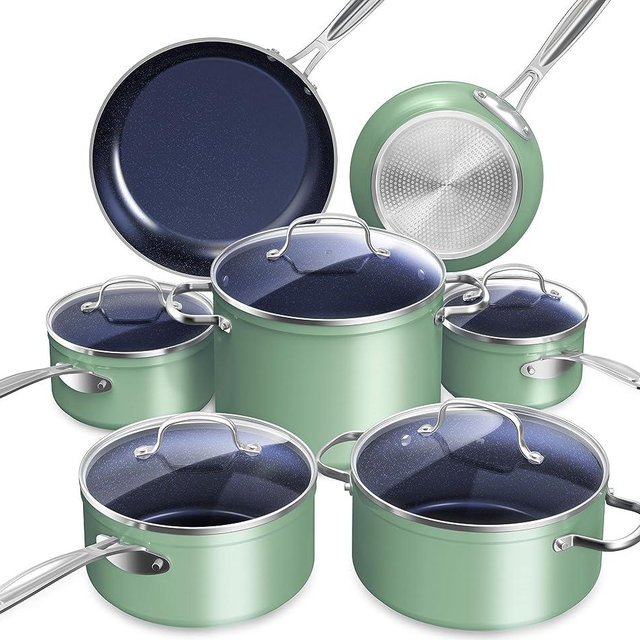 Nuwave Healthy Duralon Blue Ceramic Nonstick Coated Cookware Set, Diamond Infused Scratch-Resistant, PTFE & PFOA Free, Oven Safe, Induction Ready & Evenly Heats, Tempered Glass Lids & Stay-Cool Handle