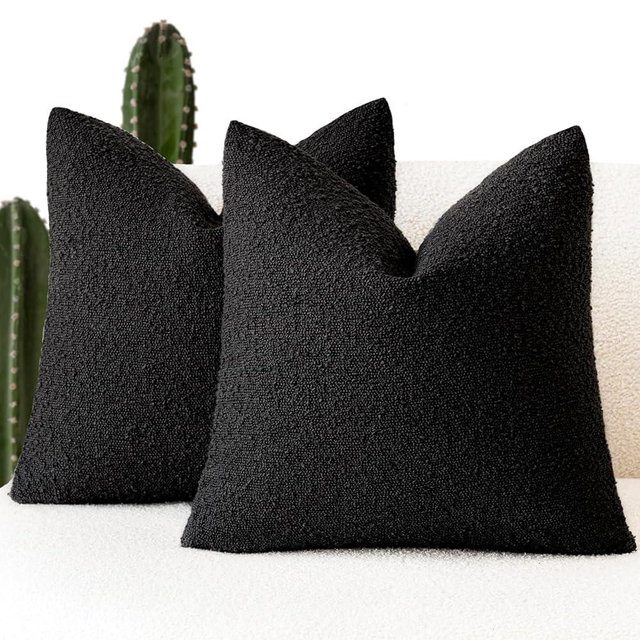 Foindtower Pack of 2, Decorative Textured Boucle Throw Pillow Covers Accent Solid Pillow Cases Neutral Soft Cozy Couch Cushion Case for Chair Sofa Bedroom Living Room Home Decor 26 x 26 Inch Black