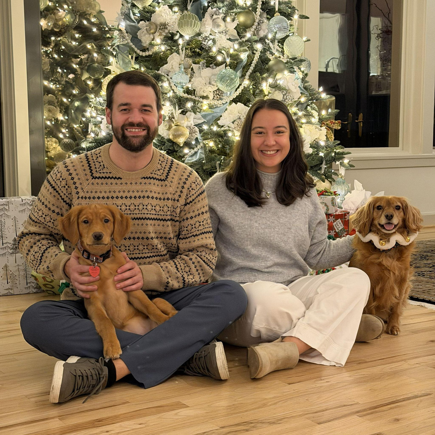 Christmas 2025 with their 2 dogs: Ollie & Willow.