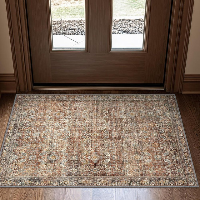 Bavni Area Rug 2x3 Machine Washable Boho Vintage Distressed Print Thin Chenille Small Ultra-Thin Entryway Bathroom Door Accent Rug, Low Pile Lightweight Non Slip