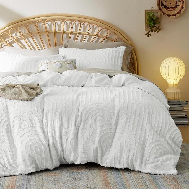 Bedsure Boho Duvet Cover King - Tufted Arch Design King Size Duvet Cover, 3-Piece Shabby Chic Boho Bedding, Soft and Breathable Duvet Cover (White, King, 104"x90")