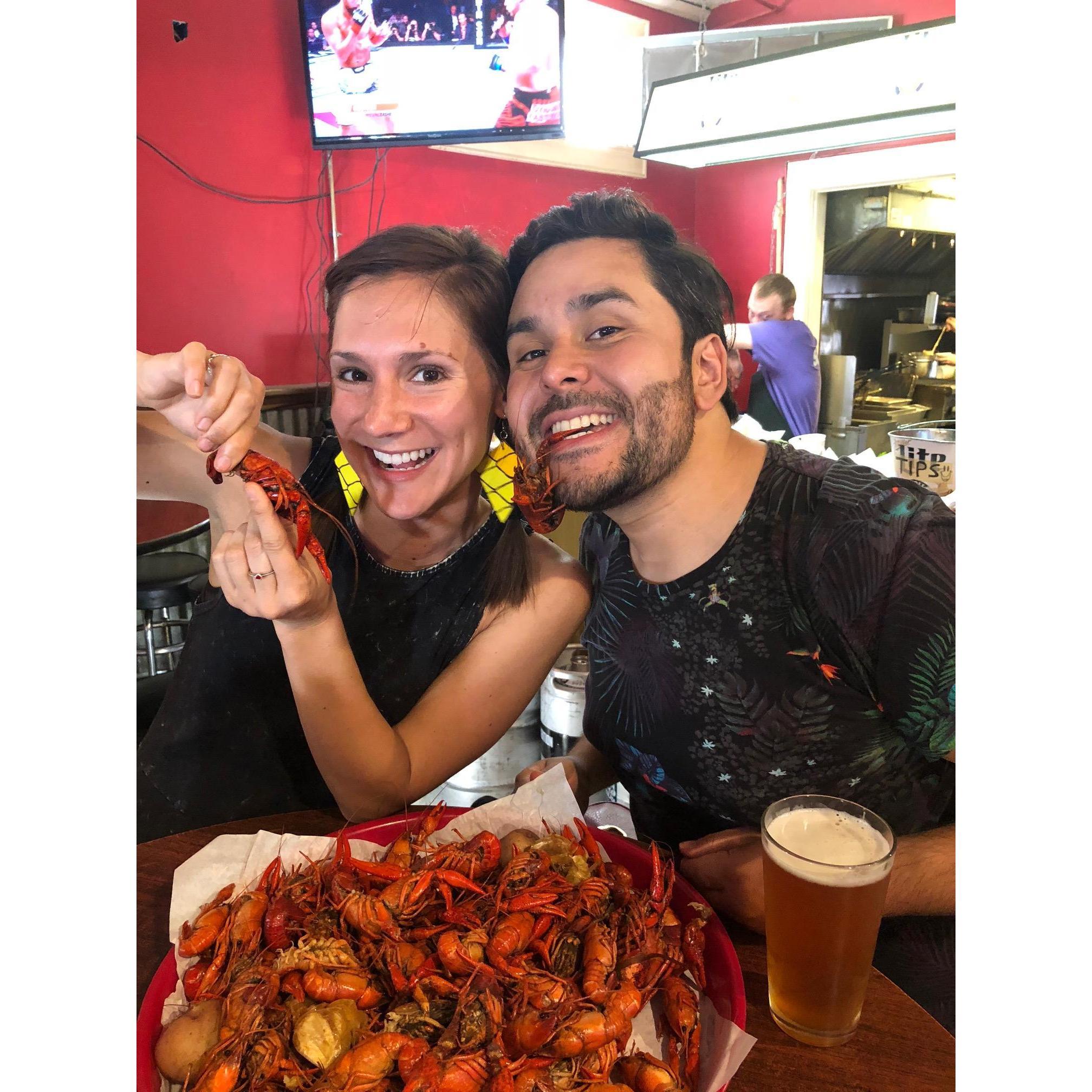 Getting down on some mud bugs at Markey's bar in New Orleans.
