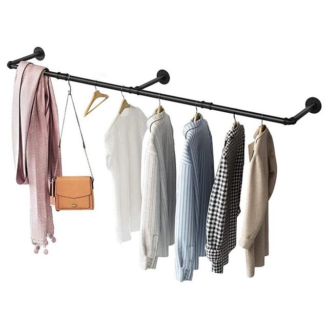 Greenstell Industrial Pipe Clothes Rack Wall Mounted,Space-Saving Iron Garment Rack Multi-Purpose,Detachable Rustic Hanging Shelves Black (3 Base)