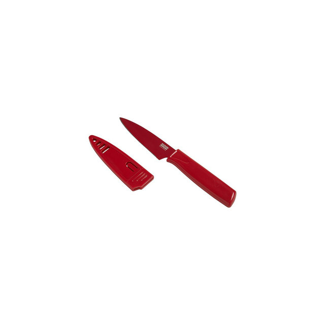 Kuhn Rikon Colori Non-Stick Straight Paring Knife with Safety Sheath, 4 inch, Red