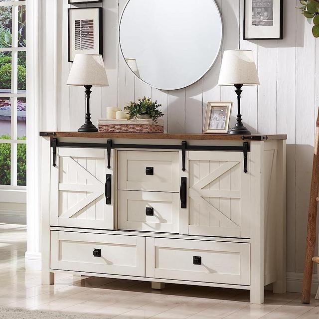 T4TREAM Farmhouse Dresser for Bedroom w/4 Drawers & Sliding Barn Doors, 48'' Wide Chest of Drawers, Rustic Dresser TV Stand w/Shelf, Dresser Organizer for Bedroom, Living Room, Entryway, Antique White