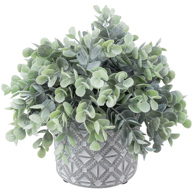 MyGift Artificial Eucalyptus Boxwood Plant in Modern Gray Concrete Pots with Geometric Embossed Pattern (1, Grey)