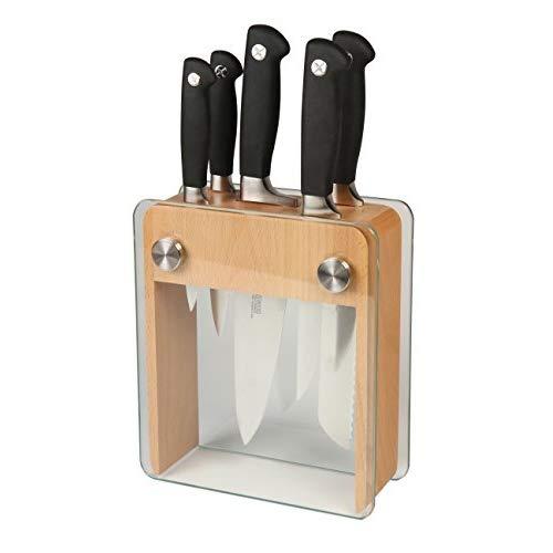 Mercer Culinary Genesis 6-Piece Forged Knife Block Set, Wood Block with Tempered Glass