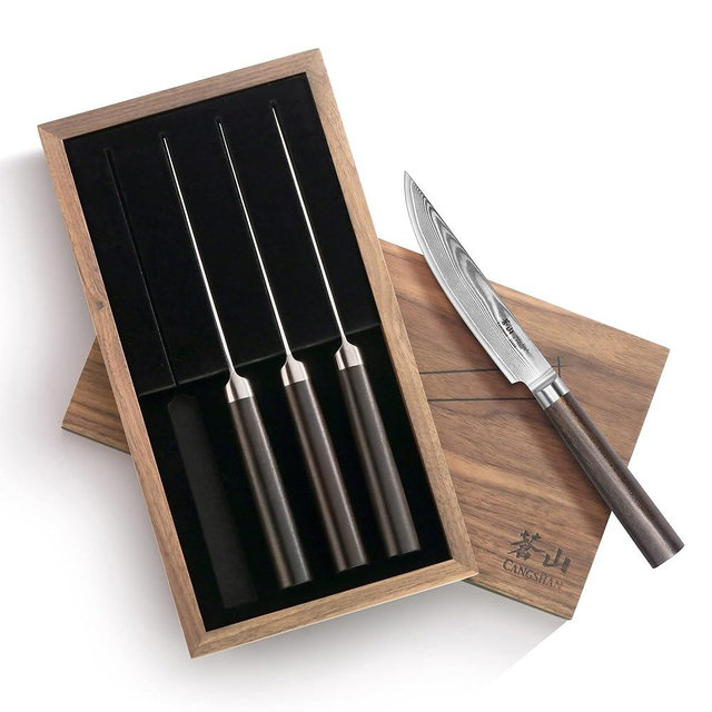 Cangshan HAKU Series 4-Piece Fine-Edge Steak Knife Set with Walnut Box, Forged X-7 Damascus Steel, 501141