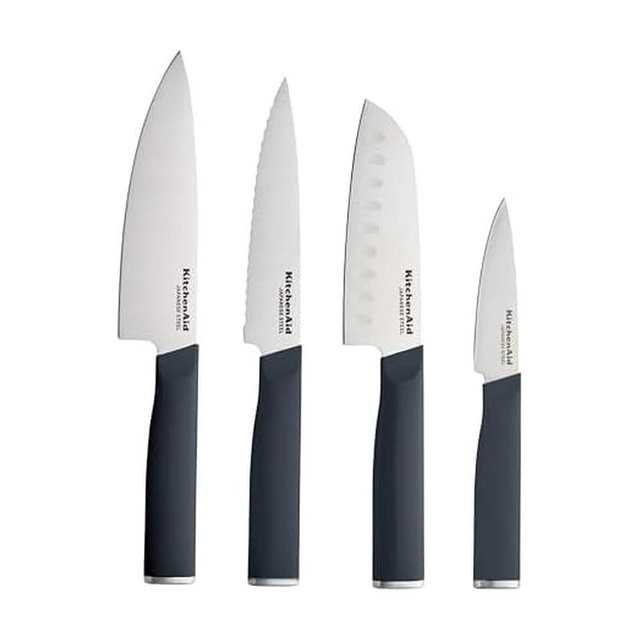 KitchenAid Chef Set with Custom Fit Covers, Sharp Kitchen Knife, High-Carbon Japanese Stainless Steel Blade, 4 Piece, Charcoal Gray