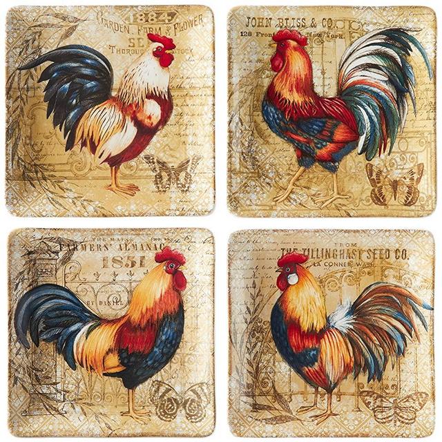 Certified International - 23651SET4 Certified International Gilded Rooster Set/4 Salad Plate 8.5", Assorted Designs,One Size, Multicolored