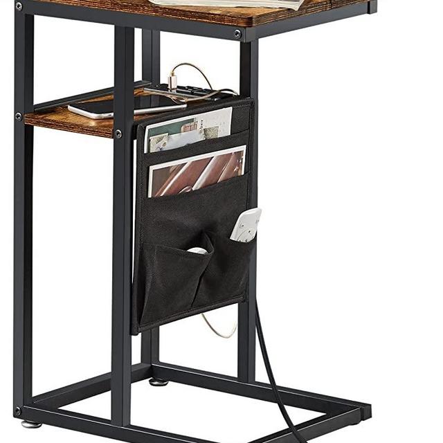 SUPERJARE Side Table with Charging Station, C Shaped End Table with USB Ports and Power Outlets, Small Narrow Nightstand with Fabric Bag for Small Spaces, Living Room & Bedroom, Rustic Brown