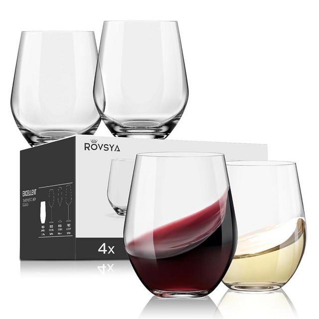 OJA Stemless Wine Glasses Set of 4, Red White Wine Glasses, No Stem, Clear, 15oz, Premium Crystal Sturdy Drinking Glass for Daily Use, Birthday, Wedding, Home Party, Anniversary, Shower Gift