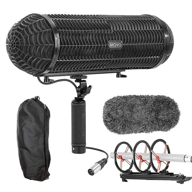 Movo BWS1000 Blimp Microphone Windshield Mount and Vibration Protection System for Shotgun Microphones - Has 12-point Internal Shock Mount, Integrated XLR Cable, Deadcat Windscreen and Grip Handle