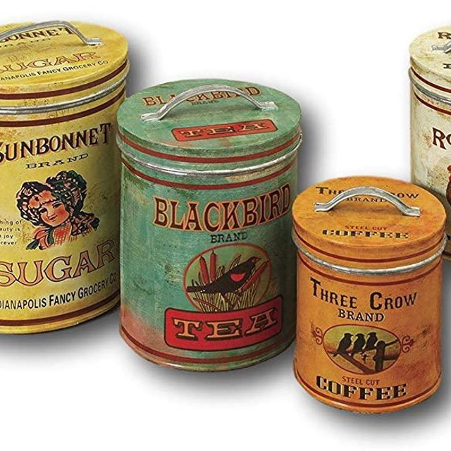 Set of 4 Large Vintage Antique Style Round Metal Nesting Kitchen Canisters with Lids Sugar Tea Coffee and Flour