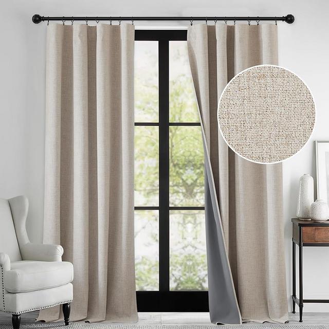 RYB HOME Linen Textured 100% Blackout Curtains for Bedroom, Insulating Energy Saving Window Curtains for Living Room Dining Patio Sliding Glass Door, Wide 52 x Long 96 inch, Beige, 2 Panels