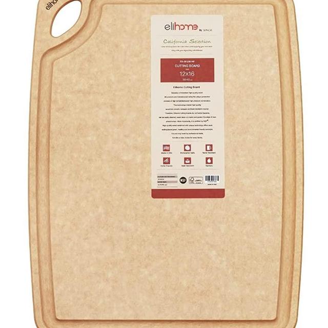 Elihome LARGE Kitchen Cutting Board, Natural Wood Fiber Composite, Dishwasher Safe, Eco-Friendly, Juice Grooves with Easy Grip Handles,Non Porous, BPA Free, Made in USA (16" x 12" x1/4")