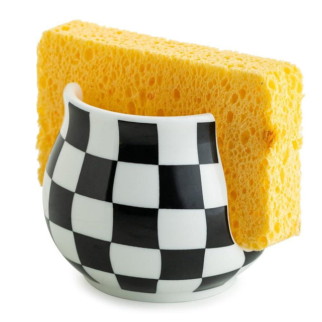 Checkered Sponge Holder for Kitchen Sink, Ceramic Dish Sponge Dish Rack Scrubby Holder Kitchen Organizer Cute Sink Caddy Organizer, Farmhouse Decor, Black and White