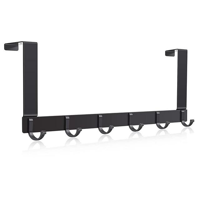 Evory Over The Door Hanger with 6 Hooks, Heavy-Duty & Lightweight Aluminum Over The Door Towel Rack for Bathroom, Coat Clothes Robes Bags Organizer, Black
