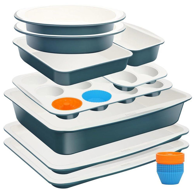 Ymiton Ceramic Nonstick Baking Pans Set, Non Toxic 33 PCS Stackable Bakeware Sets, 550°F Oven Safe Baking Sheet & Pans, Warp-Free, Dishwasher Safe, PTFE/PFOA/PFOS-Free (Blue)