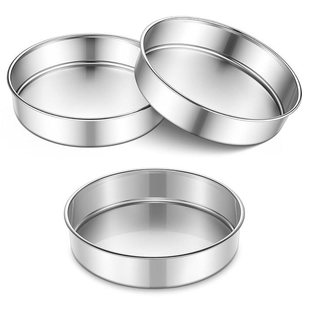 P&P CHEF 9 Inch Cake Pan Set of 3, 3 Pieces Round Layer Cake Baking Pans, Stainless Steel Smash Cake Tin Bakeware for Cooking Steaming, Nontoxic & Sturdy, Oven & Dishwasher Safe
