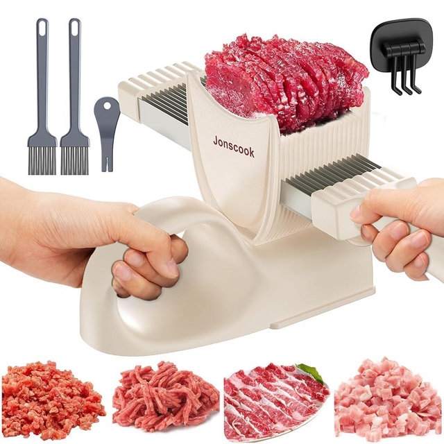 Fresh Meat Slicer with Steady Grip, Manual Fresh Meat Cutter, Meal Prep Ideas, Adjustable Thickness 2mm or 4mm, 17 Blades get 18 Meat Slices, Meat Cleavers can be Sliced, Striped, Diced -Pink