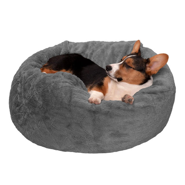 FurHaven Round Plush Ball Dog Bed - Medium, Gray Mist