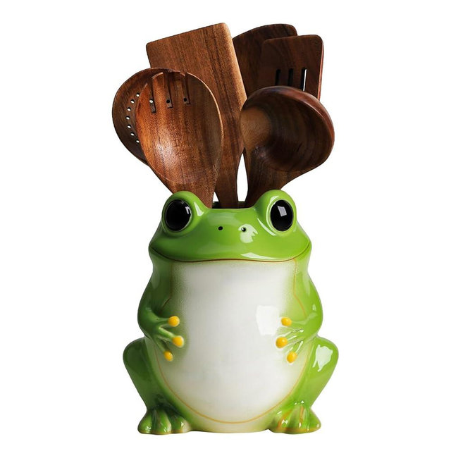 Bicuzat Ceramic Frog Kitchen Utensil Holder, Large Cooking Utensil Crocks for Countertop, Utensil Organizer, A