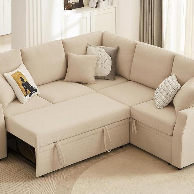 AMERLIFE 85 Inch Sofa Bed, Oversized L Shape Couch with Pull Out Bed & Storage Seat, Oversized Reversible Sleeper Sofa for Living Room Apartment, Beige Linen Couch