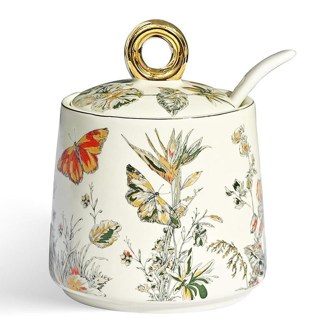 JUSONEY Ceramic Sugar Bowl with Lid and Spoon with Floral Pattern, Gold Trim - 7.5oz Elegant Sugar Jar with Lid and Spoon, Nordic Style for Kitchen, Dining, Cafe, Gift Idea (B)