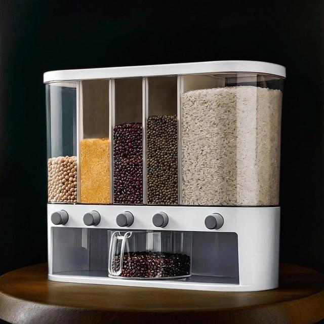 Osay Cereal Dispensers,Wall mounted 5 Grid Cereal Container Storage,Food Dispenser 25 pounds Kitchen Storage with Measuring Cup