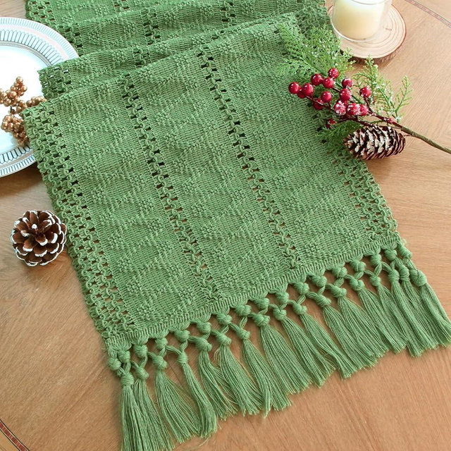 FEXIA Green Table Runner with Tassels for Christmas Decor 72 Inches Long Macrame Table Runner for Home Decor Farmhouse Rusitic Table Runner for Dining Bedroom Xmas Decorations (12x72 Inches)