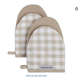 KitchenAid Gingham Mini Oven Mitt 2-Pack Set, Milkshake Tan, 5.5"x8"