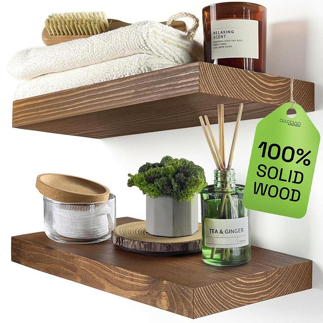 BAOBAB WORKSHOP Solid Wood Floating Shelves for Wall 12 Inch Wide, Small Wooden Shelf Kitchen, Bathroom Shelves for Room Wall Mounted Rustic Farmhouse, Walnut Floating Shelves, 12W × 6.7D, Set of 2