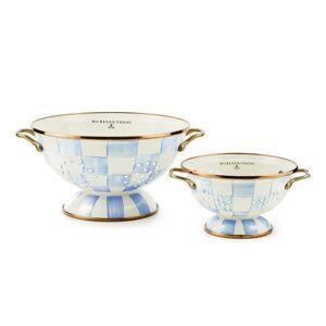 MACKENZIE-CHILDS Enamel Colander, Decorative Kitchen Strainer, Small, 1-Quart Capacity, Light-Blue-and-White Sky Check