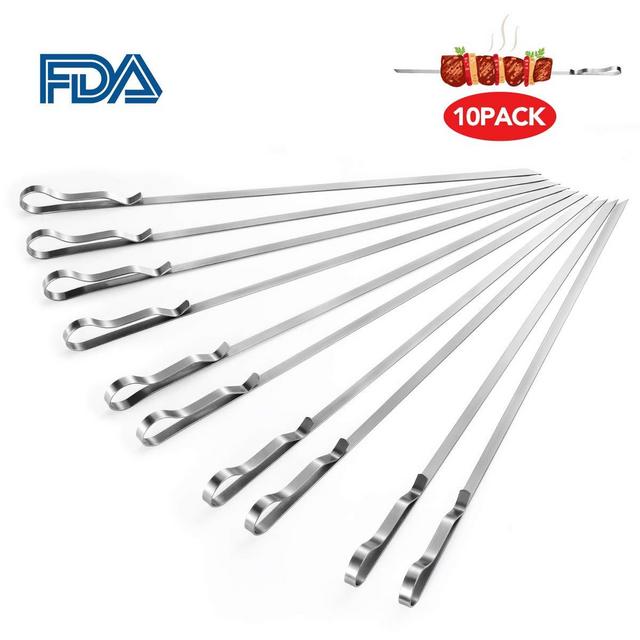 BearMoo Kabob Skewers 17&quot; Stainless Steel BBQ Barbecue Skewers 7/20&quot; Flat Metal Grilling Skewers Set, Reusable BBQ Sticks (Set of 10 +1 X Handy Storage)