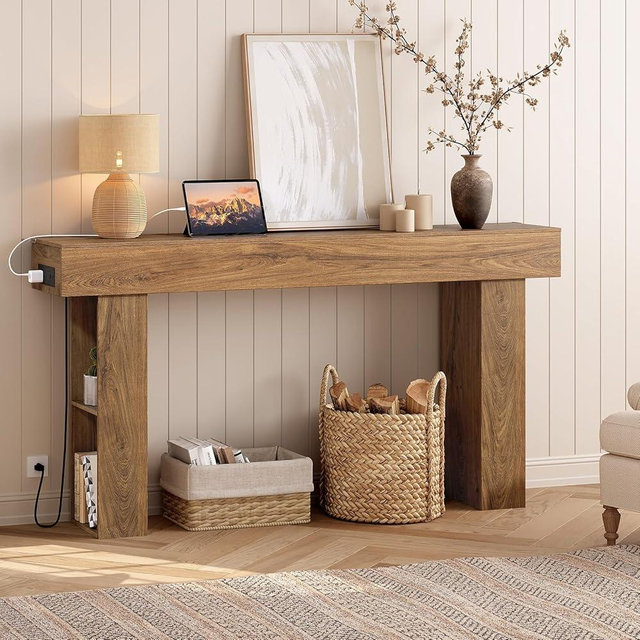 CHOEZON 63" Long Console Table, Narrow Entryway Table with Charging Station and LED Lights, 2-Tier Farmhouse Behind Couch Table with Storage, for Entryway, Light Walnut and Black MXG04UJS