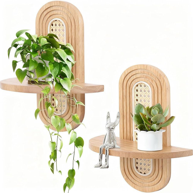 Hongsane Floating Shelves for Wall, Boho Home Wall Decor,Rattan Plant Shelf Set of 2, Mid Century Small Decorative Shelf, Natural Wood Shelves for Living Room,Bedroom,House,Office (Natural)