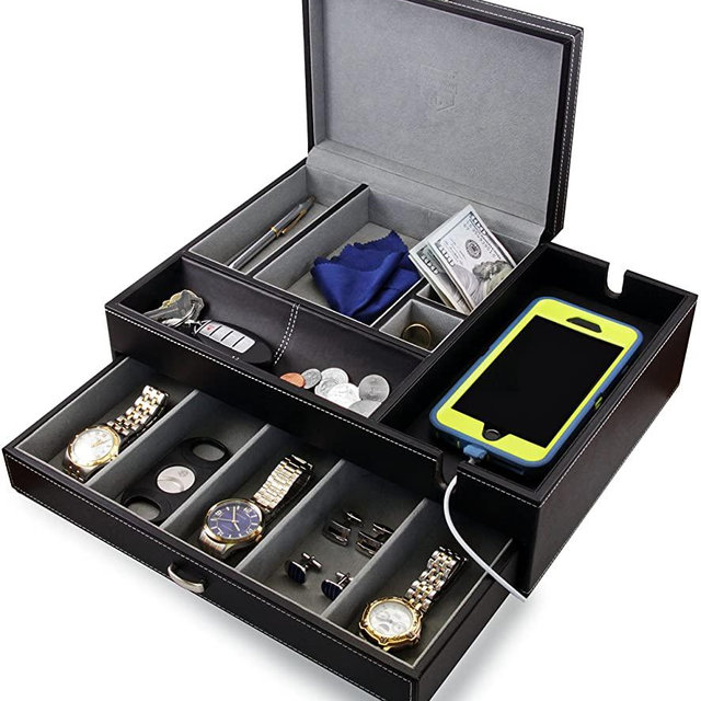 HOUNDSBAY Admiral Dresser Valet Box & Mens Jewelry Box Organizer with Large Smartphone Charging Station (Grey)