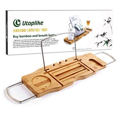 Utoplike Bamboo Bathtub Caddy Tray, Expandable Bath Shelf Across Tub Shelf with Stainless Steel Rack (Rubber Grips) to Organizer Book Wine Glass Tablet Phone Canddle | Razor Bath Pouf Ball