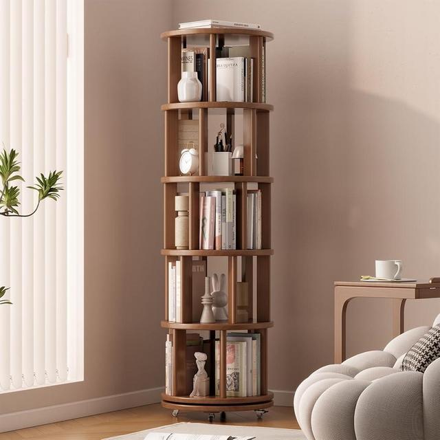 Muwuele Solid Wood Rotating Bookshelf on Wheels, 5 Tier, Round Revolving Bookcase, 360° Spinning Book Shelf Tower for Kids, Narrow Rolling Bookshelves for Small Space, Corner, Bedroom, Office, Walnut
