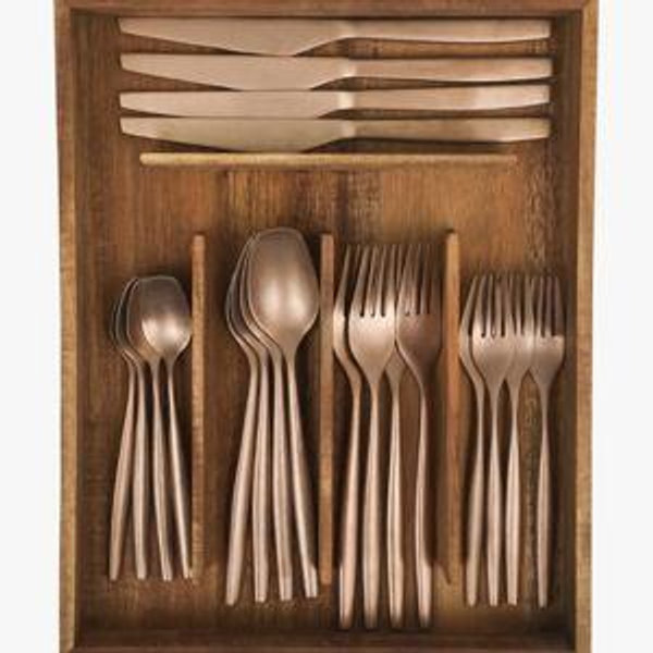 Bloomhouse 20 Piece Stone Washed Gold Flatware 18/10 Stainless Steel Silverware Cutlery Utensil Set With Acacia Wood Caddy - Service for 4 - Rose Gold
