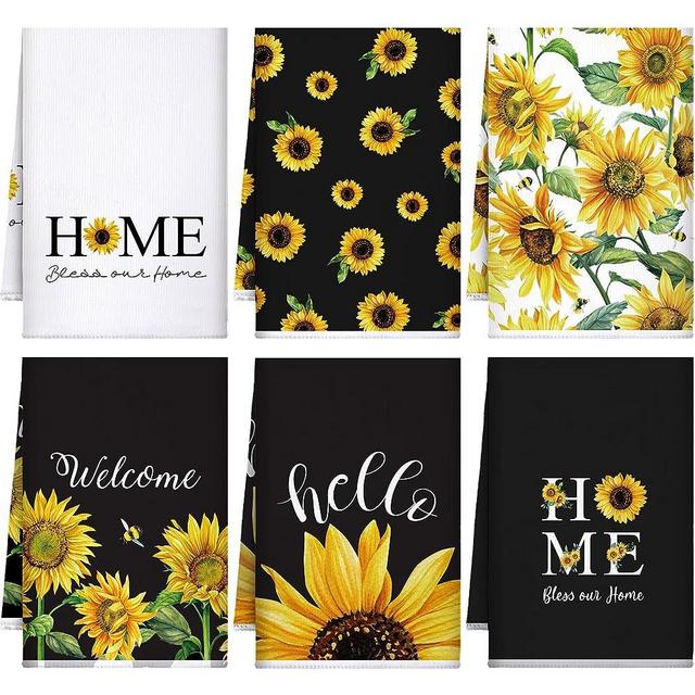 Geyoga 6 Pieces Bee Kitchen Towels Set 16 x 24 Inch Sunflower Hand Towel Buffalo Plaid Tea Towels Novelty Dish Towels for Kitchen Bathroom Decor (Black, White, Orange,Sunflower)
