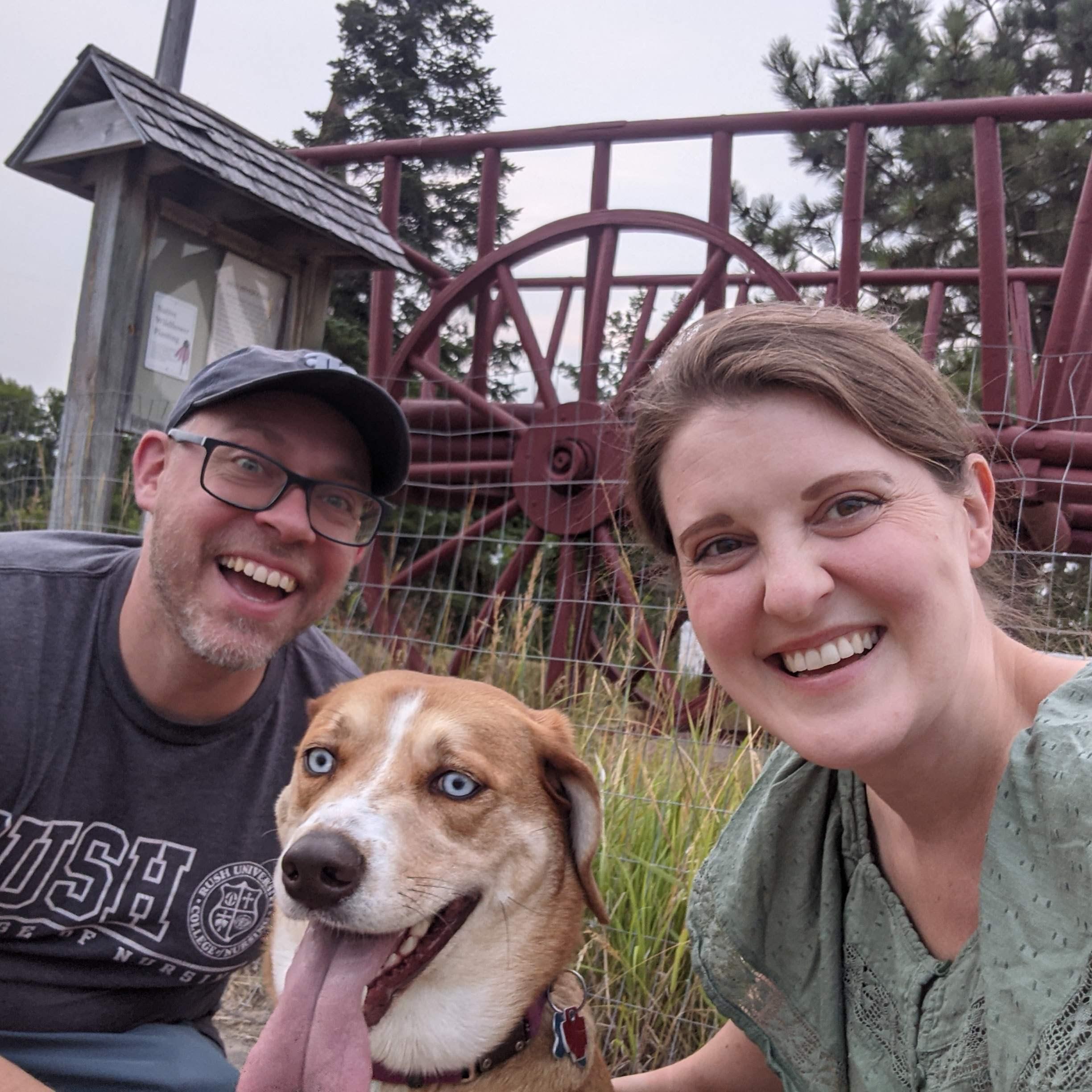 In August 2021, Nick and Aimee visited Aimee's hometown of Crookston, MN. This is Nick, Aimee, and Clara in front of Crookston's worlds largest oxcart.
