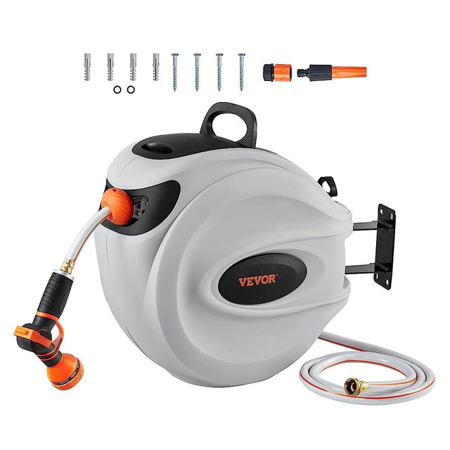 VEVOR Retractable Hose Reel, 130 ft x 1/2 inch, Garden Water Hose Reel with 9-Pattern Nozzle, 180° Swivel Bracket Wall-Mounted, Automatic Rewind, Lock at Any Length, with Slow Return System