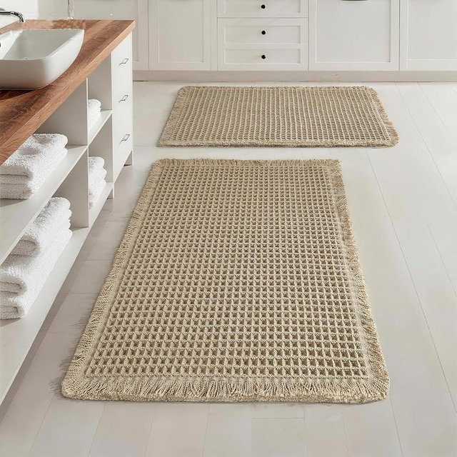 Lunofox Set of 2 Waffle Bathroom Rugs, Super Absorbent Boho Bath Mats, Non-Slip Shower Mats for Bathroom Floor and Tub, Ultra Soft Waffle Weave Runner Mat, Quick Dry, Brown, 17x24+18x30 Inch
