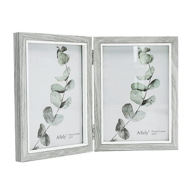 Afuly Grey Picture Frame 5x7 Double Wooden Hinged Photo Frames 2 Openings Tabletop Desk Display Farmhouse Decor Unique Gifts