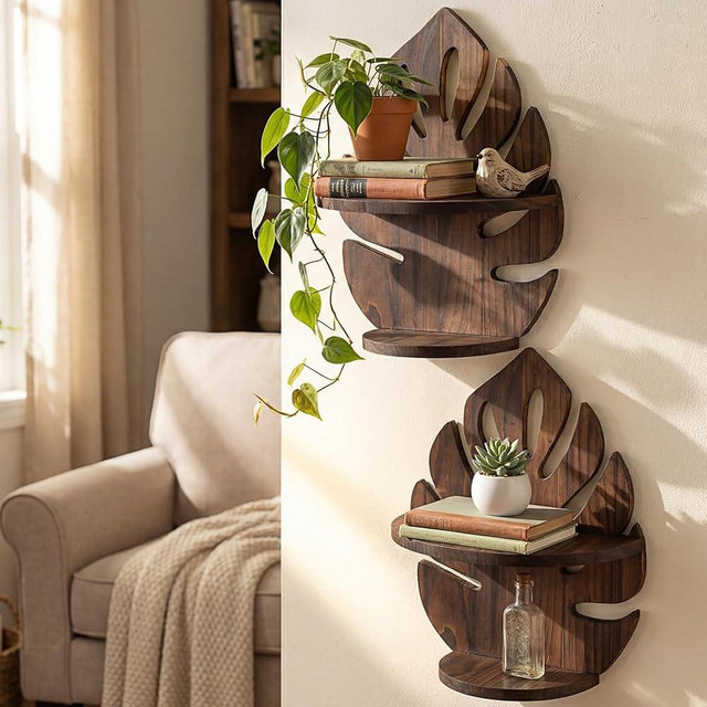 BrightRow 2 Pack Double Layer Palm Leaf Wall Shelves 15.8 x 12.4 Inch Wooden Hanging Shelves with Vintage Hollow Design, Tropical Wall Art for Living Room, Kitchen, Bedroom, Office Decor