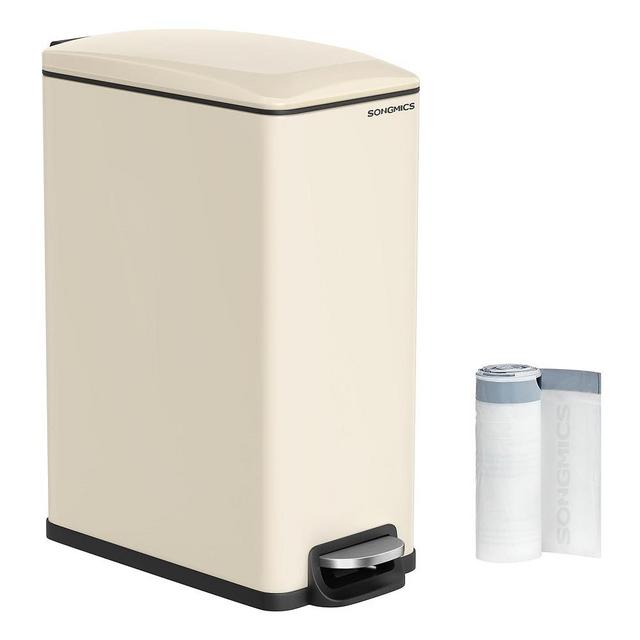 SONGMICS Slim Trash Can, 13-Gallon (50 L) Garbage Can for Narrow Spaces with Soft-Close Lid, Inner Bucket, and Step-on Pedal, Stainless Steel, 15 Trash Bags Included, Sand Beige ULTB510A01